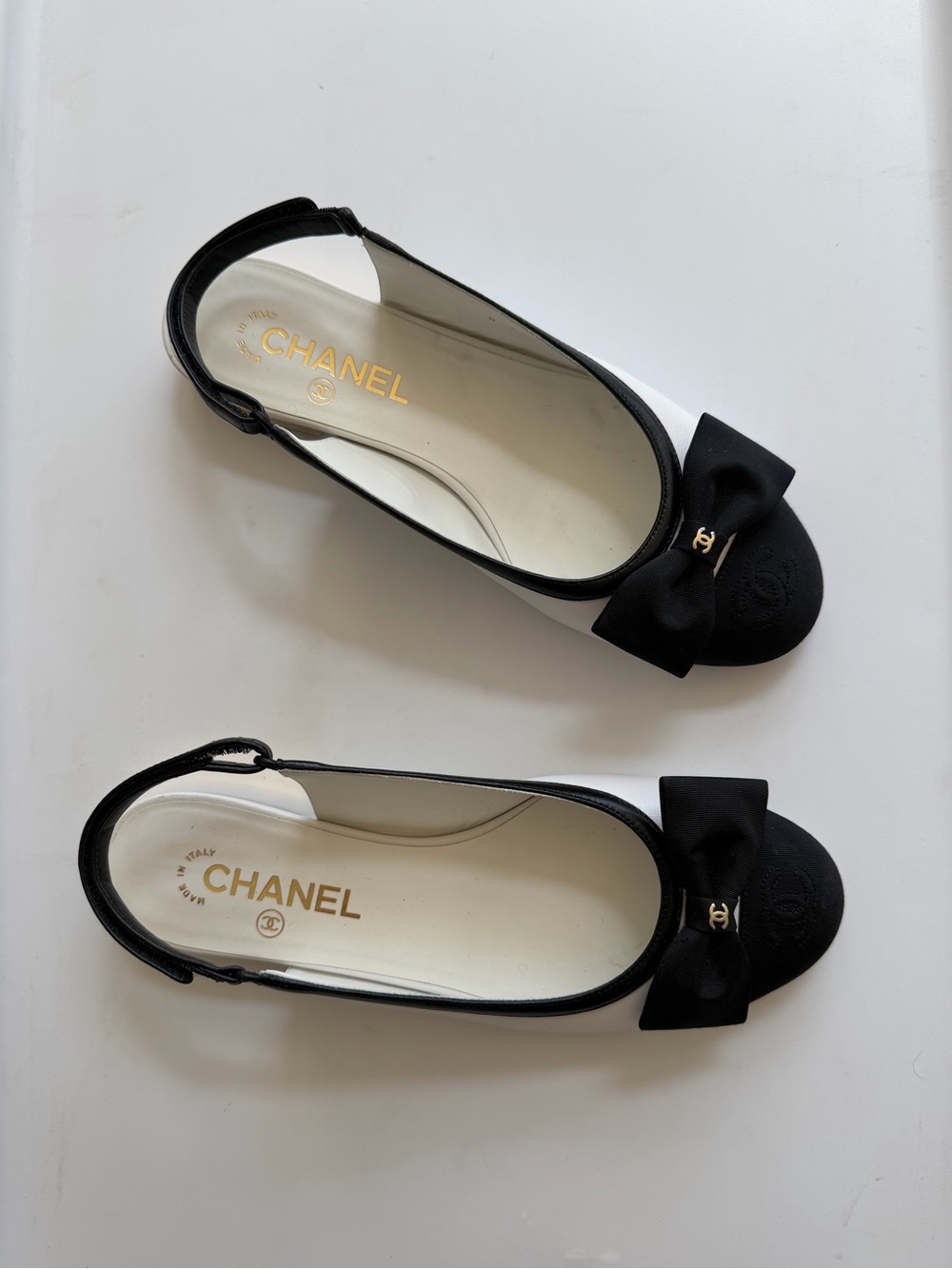 Chanel Slingback Ballet Flats Lambskin & Grosgrain White & Black 39 - Picture 7 of 16